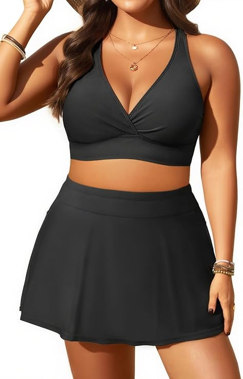 Women's Plus Size High Waisted Bikini with Skirt Two Piece Swimsuit Pockets | Tummy Control, Removable Cups,Cross Criss Adjustable Straps,With Bulit-in Brief,V Neck Design