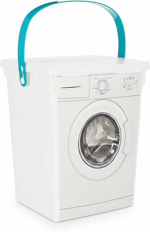 GEEZY Washing Powder Storage Container with Lid & Handle 5L - Washing Machine Shaped Laundry Detergent Box for Powder, Pods or Dishwasher Tablets - Utility Room Storage Solutions & Organiser