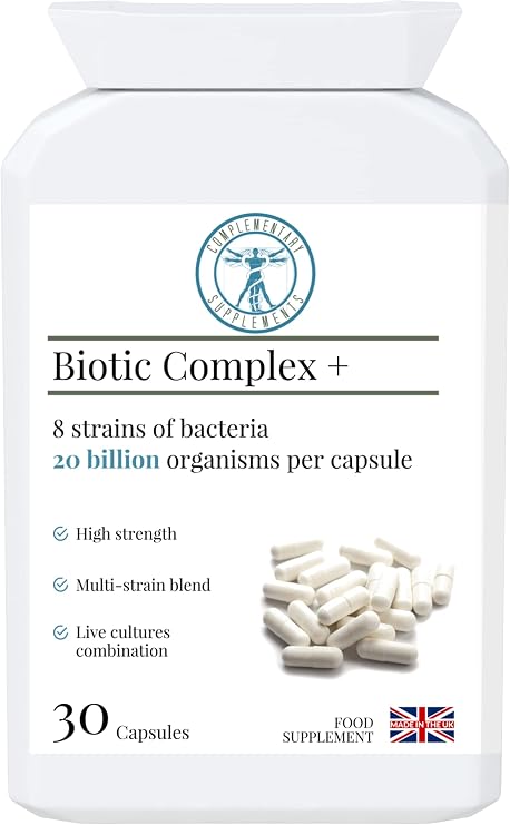 BIOTIC Complex+ 20 Billion CFU Probiotic – 8 Strain Practitioner Strength Gut Support – Acid & Bile Resistant – Vegan Capsules – 30 Count