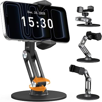 Phone Stand for Desk - Adjustable Height and Angle Foldable Cell Phone Stand Holder, No Dropping Stable Triple-Clamp Holder, Adjustable Tightness, Compatible with iPhone Android Phones, Black