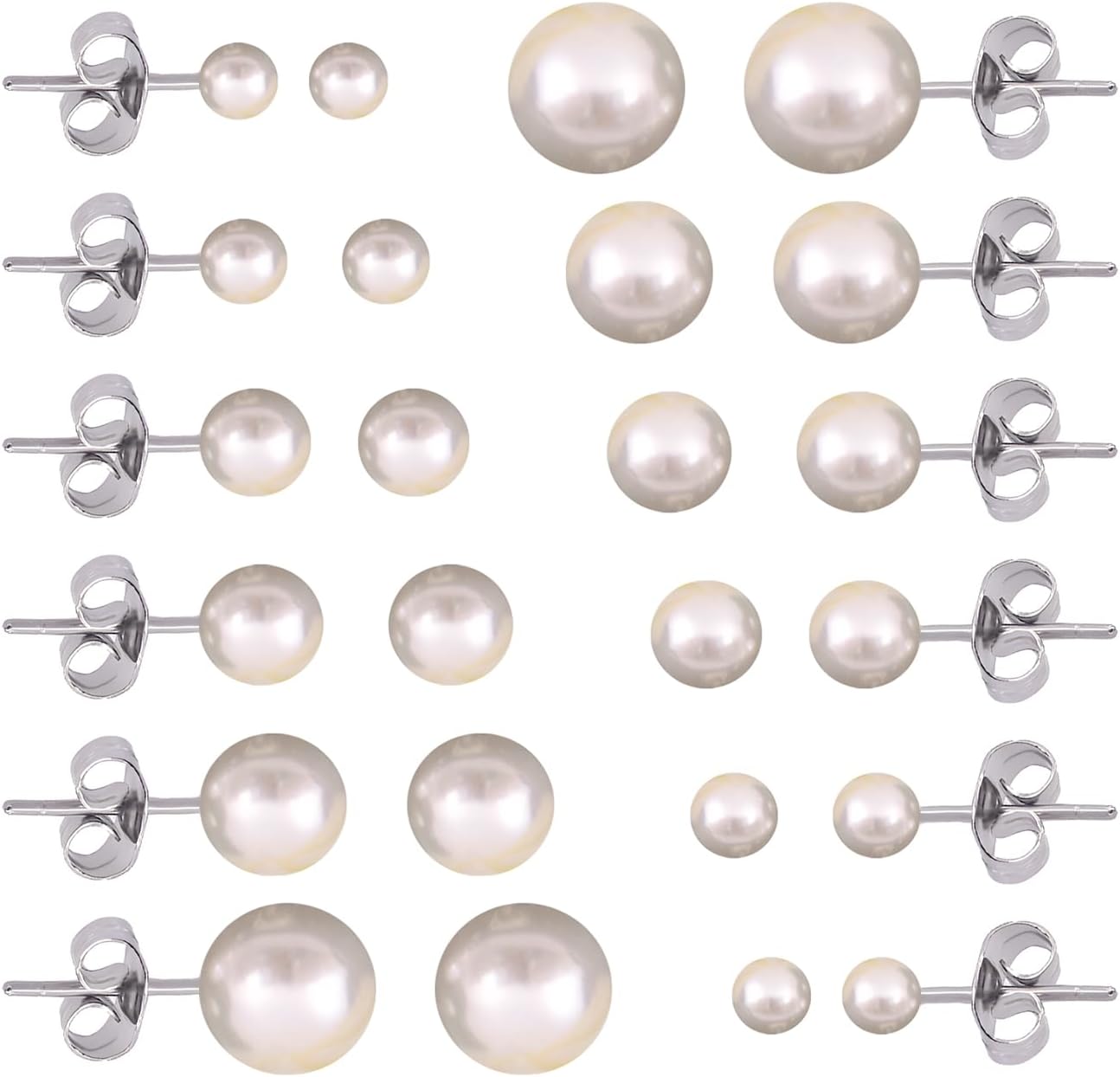 Pearl Stud Earrings Kit 12 Pairs Silver Stainless Steel Hypoallergenic Jewelry Nickel Free Set for Sensitive Ears Women Ladies Size 4-12 MM