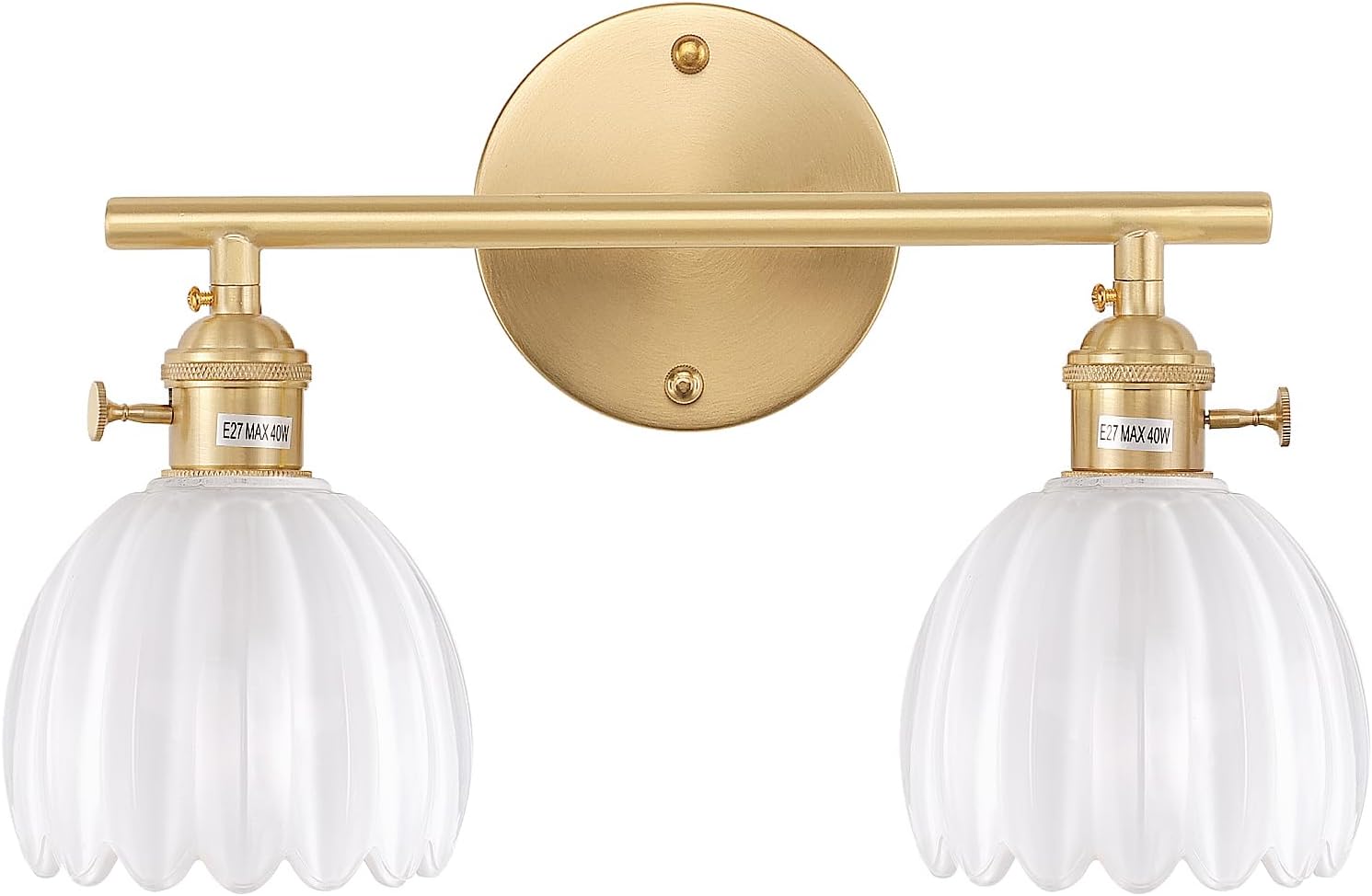 Bathroom Wall Light Fixtures Over Mirror, 2-Light Brass Gold Vanity Lights with White Tulip Glass Shade for Bedroom Living Room