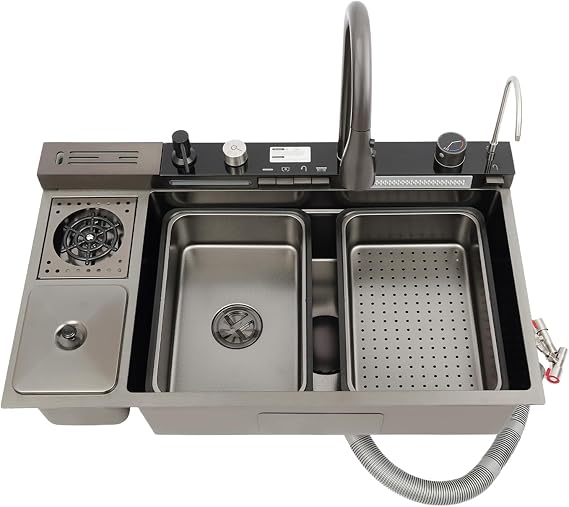 Kitchen Sink Stainless Steel Sink with Cup Washing Machine and Double Waterfall Edge Stainless Steel Sink Work Station Kitchen Sink Stainless Steel Sink with Tap 82 x 48 cm for Household