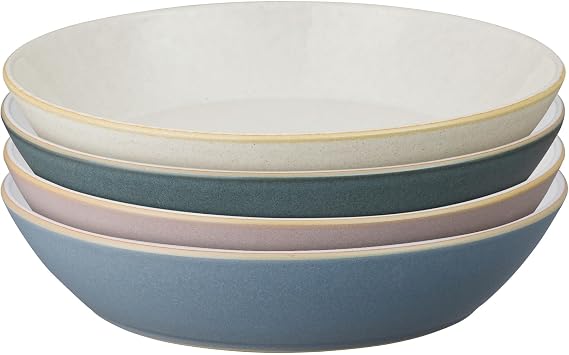 Denby - Impression Mixed Color Pasta Bowls Set of 4-25.3oz Dishwasher Microwave Safe Crockery - Blue, Pink, Cream, Black Ceramic Stoneware Tableware