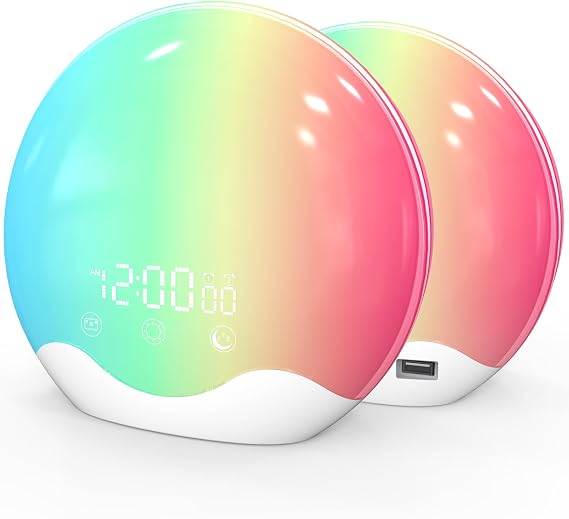 Cadrim Sunrise Alarm Clock Wake Up Light Two-sided Simulation Sunrise Sunset Daylight Alarm Clock Bedside Lamp 20 Brightness 12 Colour Mode 5 Sounds 20 Volume Touch Control Dual Alarms Snooze FM Radio [Energy Class G]