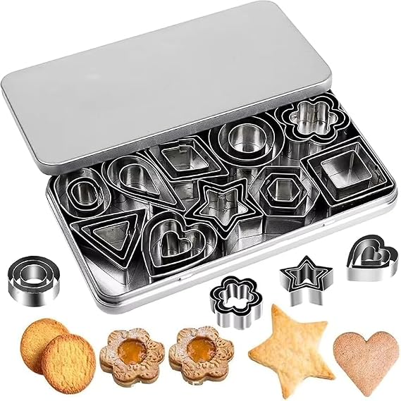 30 Pieces Mini Shaped Cookie Cutters Set, 430 Stainless Steel Fondant Biscuit Pastry Cake Molds Including Heart Star Flower Geometric Shapes for Cookies, Biscuit, Pastry Dough, Pie Crust Baking