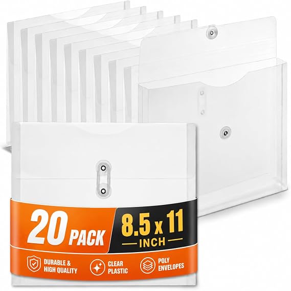 1InTheOffice Poly Envelopes Expandable Plastic Clear Envelope with Button & String Closure, Letter Size, Clear, 20 Pack