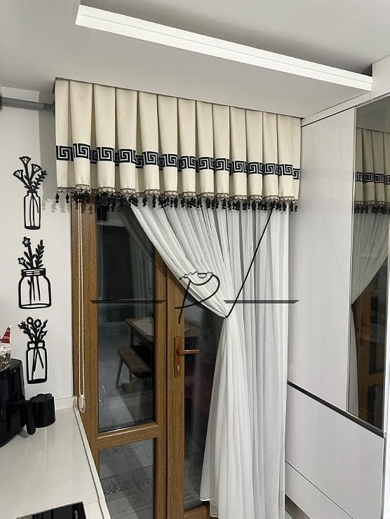 Mutfak Perdesi Farbela Versac Desen Transfer Baskı Uyumlu Boncuk 50 x 180 Ekru (kırık beyaz)