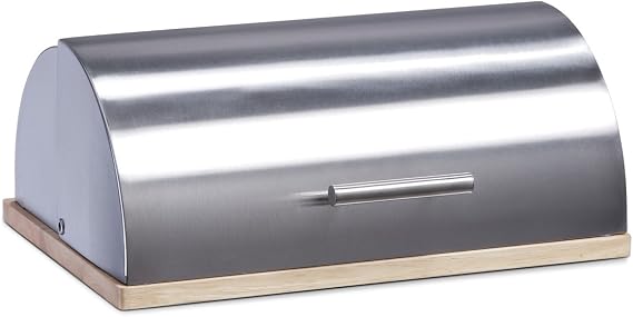 Zeller 20475 Bread Bin Stainless Steel / Rubber Tree Approx. 39.5 x 28 x 16 cm Bread Bin with Sliding Lid
