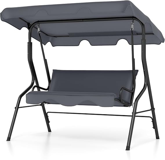 COSTWAY 3 Seater Garden Swing Chair, Outdoor Indoor Canopy Powder Coated Steel Cushioned Seaters, Patio Metal Hammock Swinging Bench Lounger Seat, 210KG (Grey)