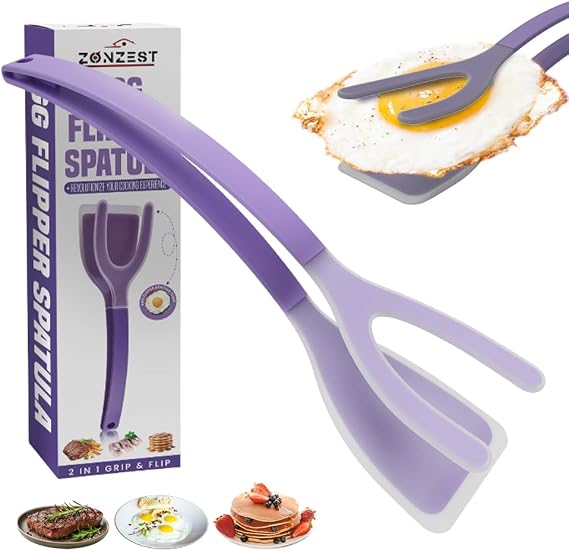 Silicone Egg Flipper Spatula Tongs (Set of 1) Non-Stick 2-in-1 Grip & Flip Kitchen Tongs for Pancakes, Fish, Eggs, and More Heat Resistant Cooking Tool (Purple)