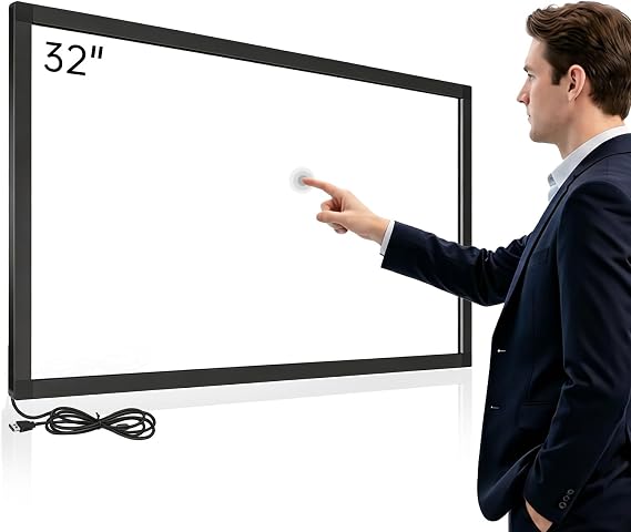 32 Inch Infrared Touch Screen Frame, 20 Point Interactive IR Touch Panel Overlay, Plug & Play Aluminum Black IR Touchframe for Digital Signage & Kiosk