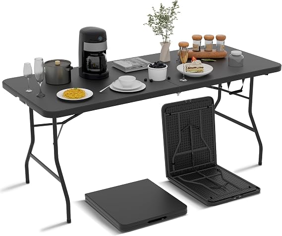 6Ft Folding Table Wood Grain with Built in Handle & Steel Legs Black
