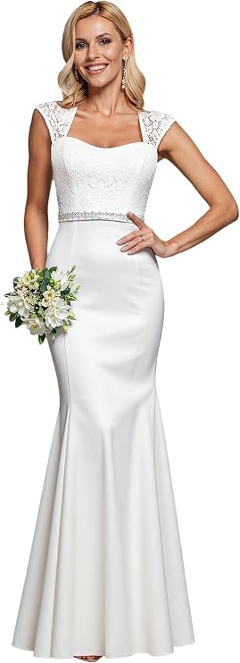 Ever-Pretty Women's Elegant Lace Cap Sleeve V Neck Beading Mermaid Wedding Dresses for Bride 00218