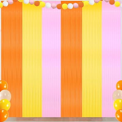 Groovy Birthday Fringe Backdrop, Orange Pink and Yellow Foil Fringe Backdrops Streamer Tinsel Curtains for Flower Groovy Bachelorette Themed Baby Shower Party Decorations3Pack