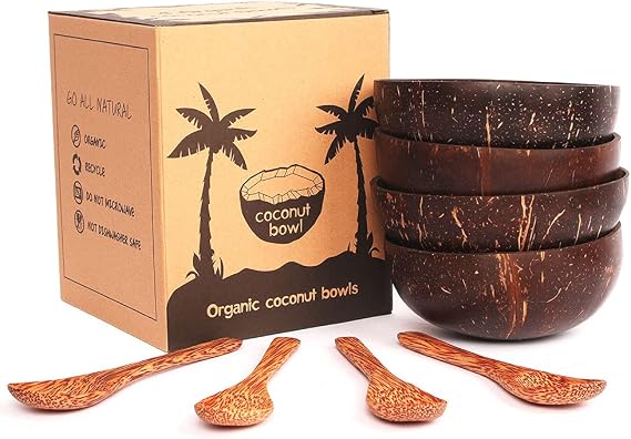 Organic Coconut Bowl Set with Wooden Spoons, Handmade Natural Shell Bowls, 4 Piece Set, 2 Bowls and 2 Spoons