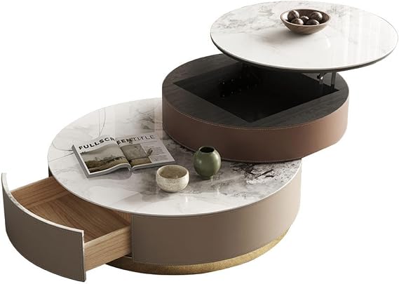Lift up Coffee Table Storage Coffee Table Round Lifting Coffee Table with Rotatable Storage Drawer, Floor-Standing Coffee Table Combination for Living Room and Bedroom