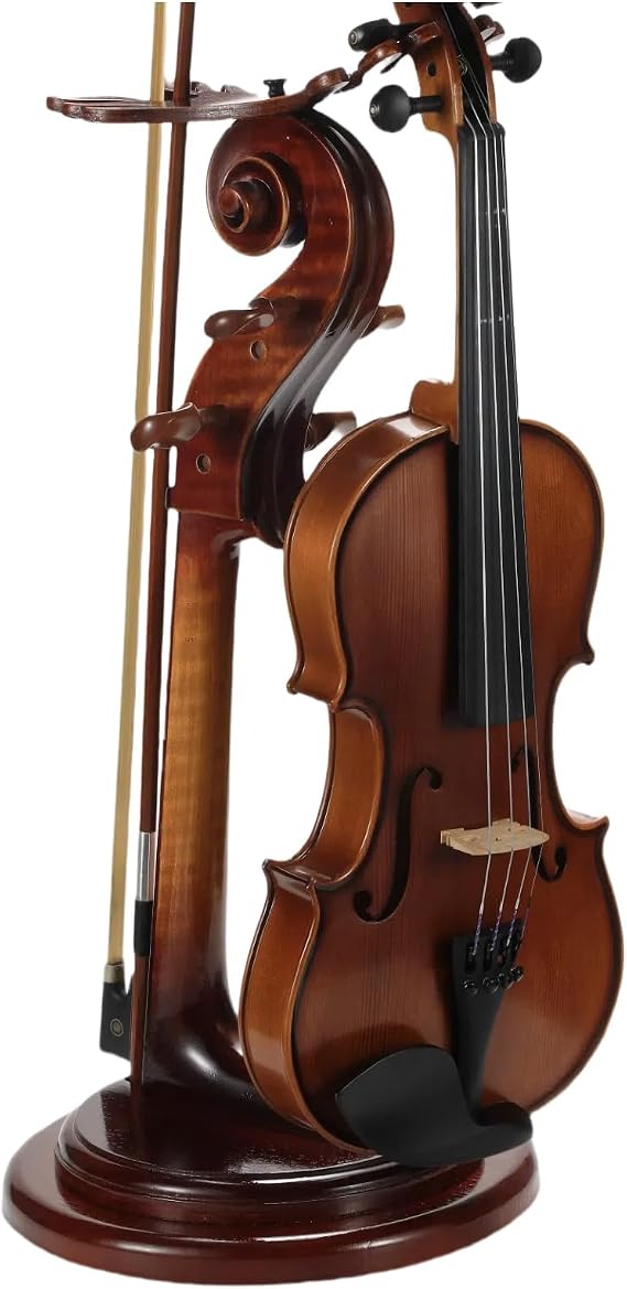 Solid Wood Violin Stand with Bow Holder - No Assembly Needed, Heavy-Duty 4/4 Size Display, Handcrafted Cut-Out Design for Home/Studio/Stage (ROUND)