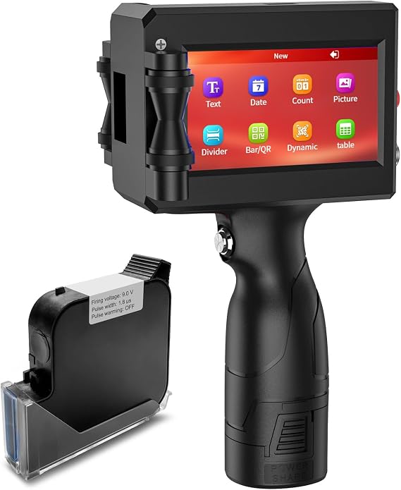 Handheld Inkjet Printer Printing Height Max 1 Inch, Batch Code Printer with 42ML Quick-Drying Ink Cartridge for Text/Barcode/Date/Number, 1" Handheld Printer for Many Surface Metal Cardboard
