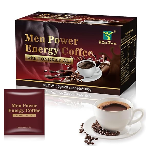 Maca Coffee for Men, Herbal Energy Coffee with Tongkat Ali, 20 Sachets | Instant Black Coffee Blend with Maca, Tongkat Ali, Ginseng & Epimedium