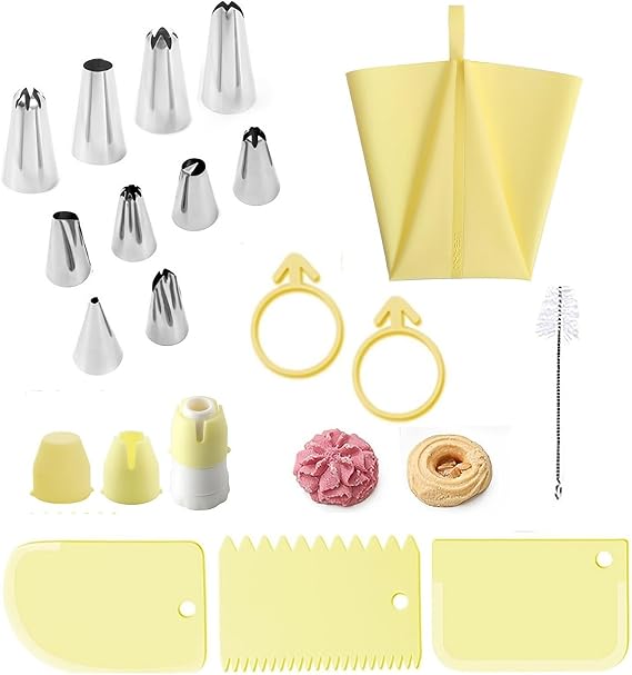 18Pcs Cake Decorating Kits, Including 10 Piping Tips, 3 Scrapers, 2 Silicone Rings, Piping Bag, Multi-Purpose Coupler, Cleaning Brush, for DIY Cupcake Decorating Cookie Pastries(Yellow)
