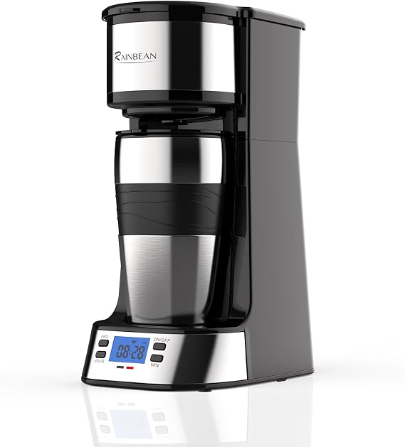 RAINBEAN Single Serve Coffee Maker, Programable Single-Serve Brewers, Timer Auto Start/Off, 14 Oz Single Cup Coffee Machine For Ground Coffee, 700W