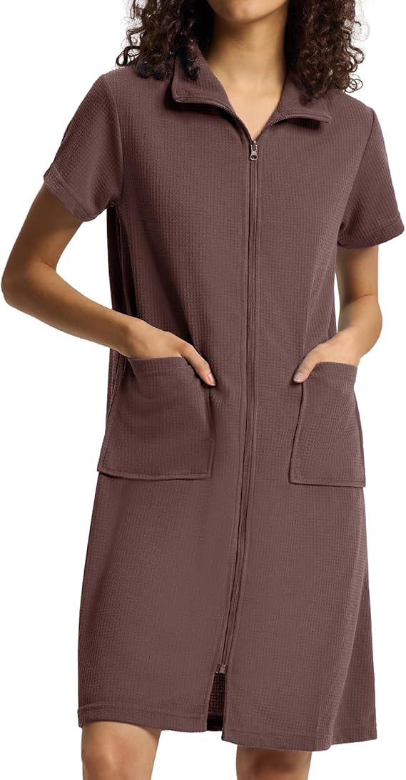 SIORO Zipper Robes for Women Short Sleeve Bathrobes Lightweight House Coat Waffle Knit Knee Length Loungewear with Pockets