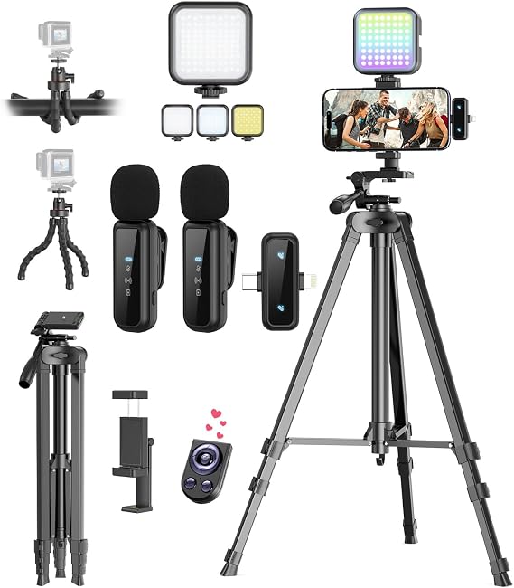 Vlogging Kit for iPhone/Android, YouTube Starter Kit with Wireless Microphone/Camera Tripod/Flexible Tripod/RGB Fill Light, Content Creator Essentials Kits for TikTok Vlog Video Recording