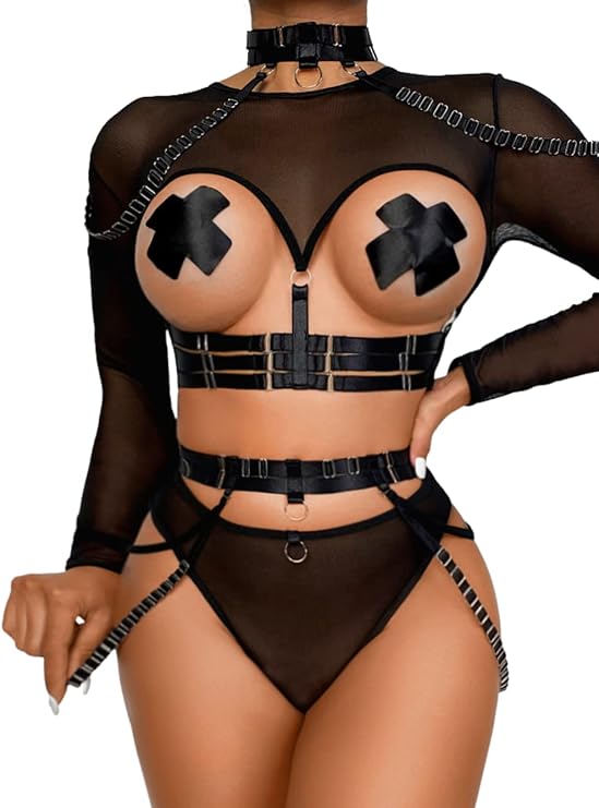 Kaei&Shi Rave Outfit, Adjustable Strappy, Contrast Color, Choker, Chain Belt