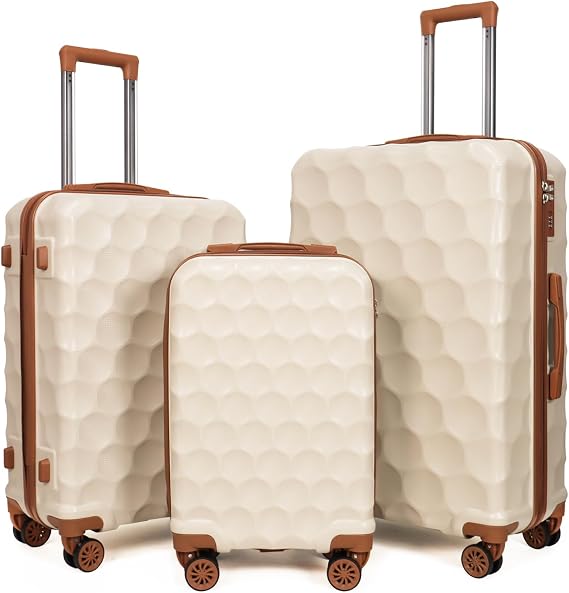 Hardshell Luggage Set, 3 Piece (20, 24 & 28 Inch), with Built-in 3-Digit Lock and Explosion-Proof Zipper, Spinner Wheels (Beige)