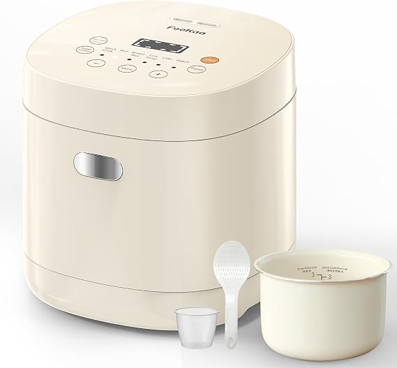 Feekaa Rice Cooker Small, 3-Cup Uncooked (6-Cup Cooked), Compact Mini Rice Cooker Small Kitchen with Ceramic Coated Inner Pot, Rice Maker with 6 Menu Options, 12H Delay Timer, Low Temperature Cooking