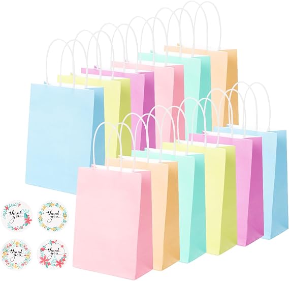 30 Pcs Coloured Party Bags, Gift and Sweet Bag with Handles, Paper Bags with Stickers, Kraft Bag for Kids Party, Celebrations, Baby Shower, Birthday, Halloween -16 x 8 x 22 cm