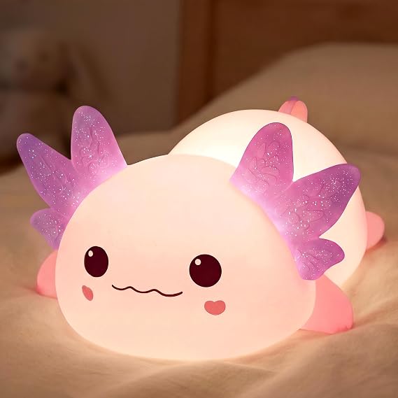Mewaii Huggwaii Squishy Axolotl Night Light for Kids, BPA-Free | Mom's Choice Awards, 30 Min Timer, 3 Levels Dimmable, 4 White Noise Sounds, Soft Silicone, Rechargable, Baby Girl Gifts