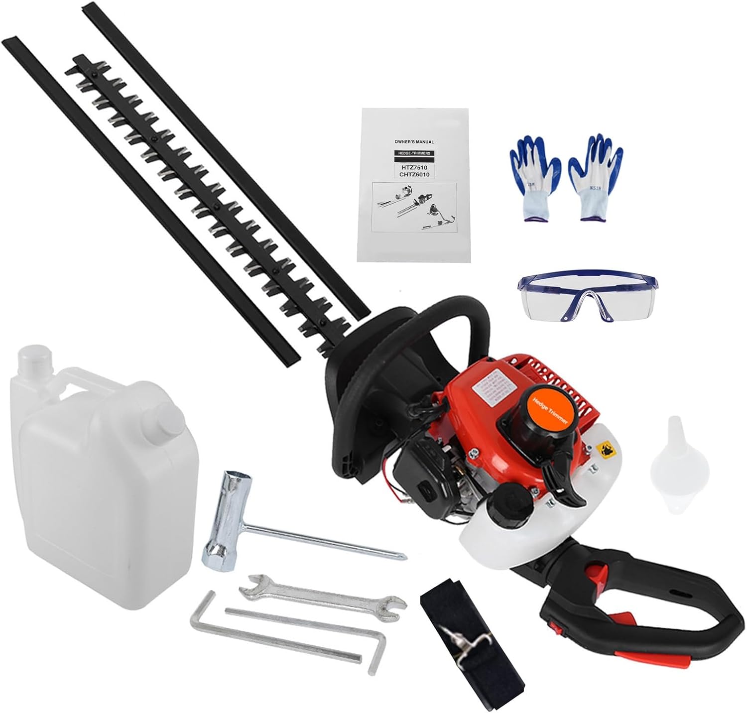 Gas Hedge Trimmer 2-Stroke 7500RPM with Rotating Handle, 24-Inch Dual Sided Bush Trimmer Brush Cutters Gas Powered Fuel-efficient Garden Tools with Back Strap, Glasses & Gloves Red
