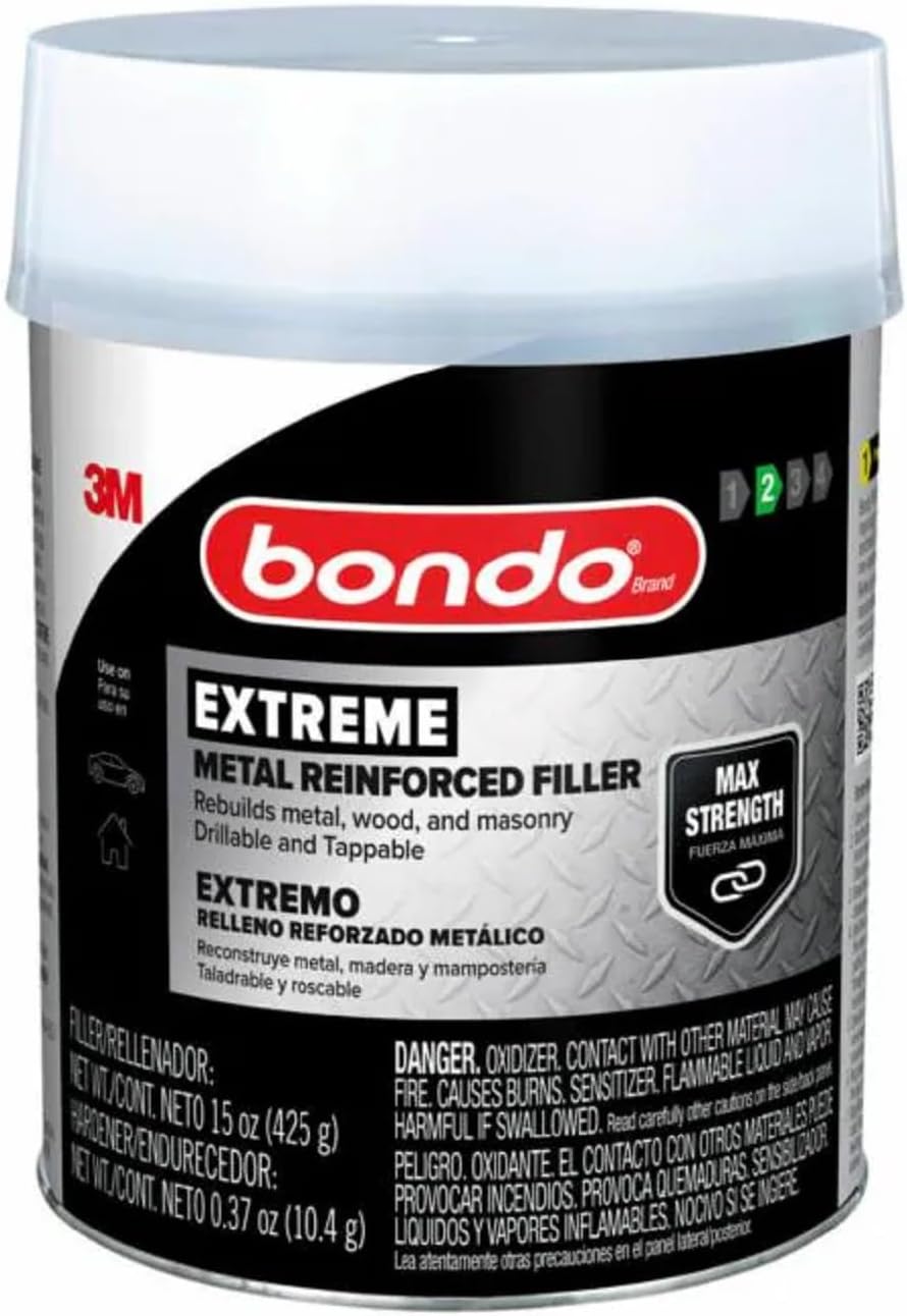 Bondo Metal Reinforced Filler - High Strength Filler, Can be Drilled and Tapped - Will Not Rust, 15 Fl oz with 0.37 oz Hardener