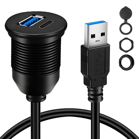 USB 3.0 Male to USB 3.0 & Type-C 3.0 Female Car Flush Mount Cable 1ft for Extension and Data Transmission Compatible with Laptop, PC, Hard Drive 30CM