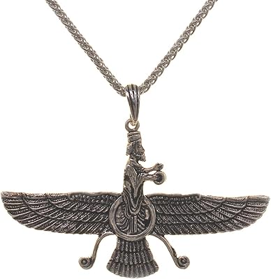 Asoodehdelan Extra Large Sterling Silver Iranian Persian Zoroastrian Farvahar Necklace 18 Chain