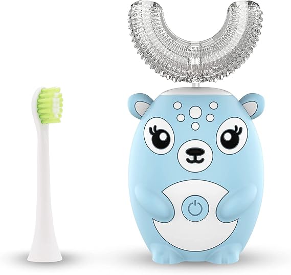Kids U Shaped Electric Toothbrush with 2 Brush Heads, Sonic Toothbrush Kids with 5 Modes, Cartoon Dinosaur 360-Degree Cleaning IPX7 Waterproof Design (2-7 Age (Blue))