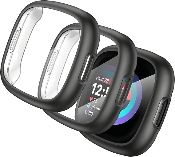2 Pack TPU Case for Fitbit Versa 4 Screen Protector, Full Around Electroplate Protective Cover Compatible with Fitbit Sense 2/Versa 4 Smartwatch (Black/Black)