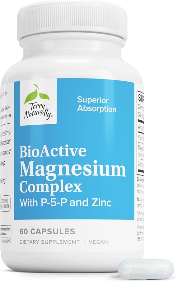 Terry Naturally BioActive Magnesium - Mood & Heart Health - 60 Count | Bone, Heart and Muscle Health Support. 60 Capsules.