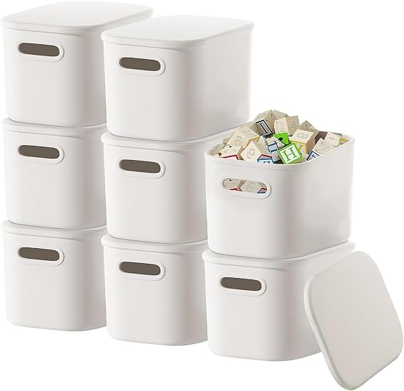 8 Pack White Plastic Storage Boxes with Lids, 7L Stackable Storage Bin Bulk