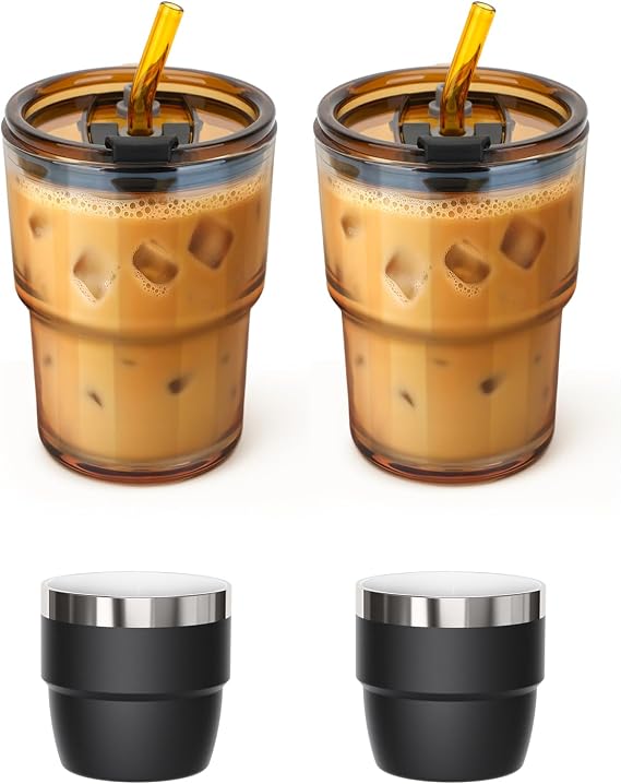 2 Pack 13 oz Glass Tumbler/Iced Coffee Cup with 2 Pack 4 oz Espresso Cups