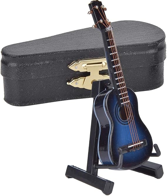 Wooden Classical Guitar Model, Miniature Musical Instrument Display with Stand, Blue and Coffee Color Options for Desk Decor, 8cm Guitar Replica for Music Lovers and Home (Blue)