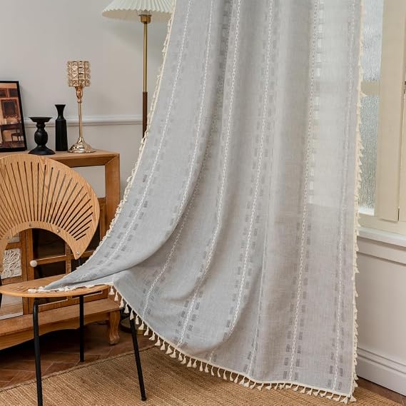 OYX Light Gray Striped Boho Curtains 84 Inches Long 2 Panels, French Farmhouse Aesthetic Decor Window Drapes with Tassels, Semi-Sheer Light Filtering for Bedroom Living Room (Rod Pocket, 52Wx84L)