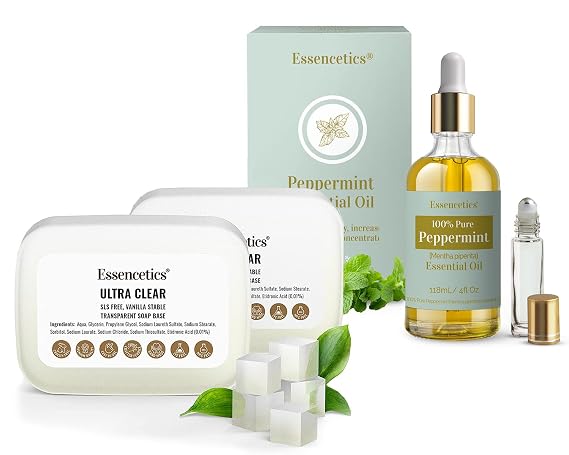 4 fl oz Peppermint Essential Oil Blend & 5 LB Ultra Clear Glycerin Soap Base Bundle - 100% Pure & Organic - SLS-Free - Perfect for Aromatherapy & Soap Making
