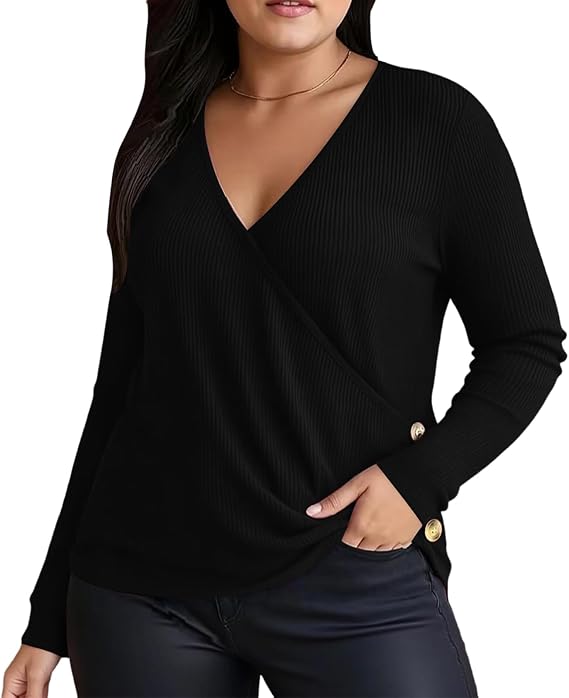 Plus Size Shirts for Women 2026 Loose Fit Deep V Neck Long Sleeve Tunics Tops to Wear with Leggings Wrap Blouses