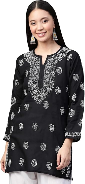 Ada Hand Embroidered Chikankari Cotton Short Kurti Top for Women A210717 | Indian Handcrafted Womens Chikan Straight Round neck Kurta Tunic Shirt Blouse Ethnic wear easter dresses Gift for her