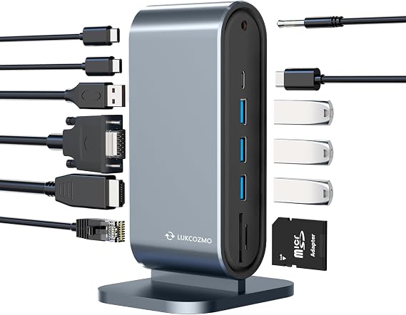 LUKCOZMO USB3.0 Universal Docking Station with 100W Charging, Dual Monitor for Windows and Mac, USB 3.0 or USB-C (HDMI, 1x USB-C, 4X USB3.0,VGA1080P, Ethernet, Audio, TF/SD Card Reader)