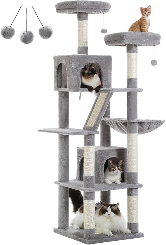 PETEPELA Tall Cat Tree 70.9", Large Cat Tree for Indoor Cats, Multi-Level Plush Cat Condo with 6 Scratching Posts, 2 Scratching Boards, 2 Perches, 2 Caves, Hammock, 2 Pompoms Grey
