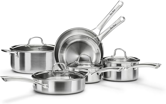 Stainless Steel Cookware Set,Tir-Ply Pots and Pans Set,10 Pcs Stainless Steel Induction Kitchen Cookware Sets,PFOA Free, Frying Pans, Butter warmer,Saute Pan & Stock Pot,Compatible with All Cooktops
